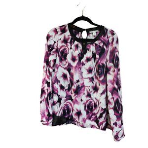Dana Buchman Sheer Floral Long Sleeve Blouse With Keyhole Back Detail Womens M